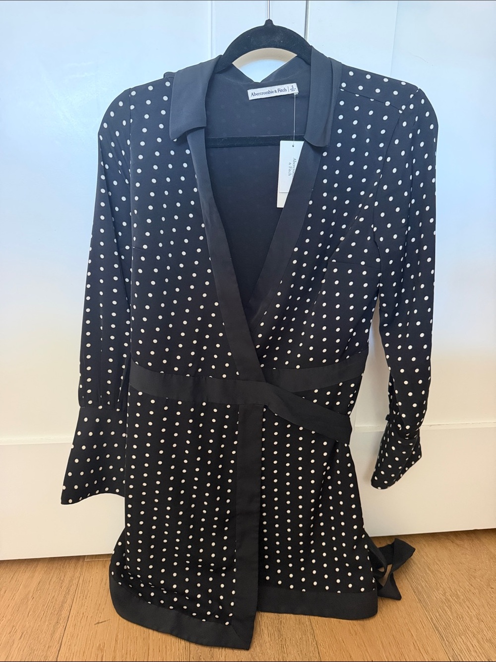 NWT Abercrombie & Fitch Black with White Polka Dot Mini Wrap Dress